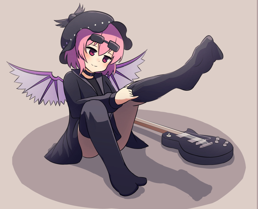 1girl absurdres adjusting_clothes adjusting_legwear alternate_costume bird_wings black_choker black_headwear black_thighhighs choker choujuu_gigaku closed_mouth commentary commission convenient_leg dressing electric_guitar english_commentary eyewear_on_head ferdy's_lab full_body guitar hat highres instrument mob_cap mystia_lorelei no_shoes outstretched_leg pink_eyes pink_hair short_hair sitting smile sock_pull solo sunglasses thighhighs thighhighs_pull touhou wings