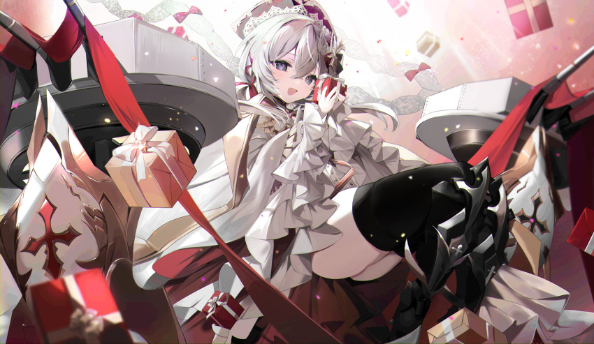 1girl absurdres ahoge azur_lane black_thighhighs box coat cross crossed_bangs flandre_(azur_lane) floating_hair gift gift_box grey_eyes hair_ribbon hat highres holding holding_box leotard long_hair long_sleeves looking_at_viewer low_twintails open_mouth red_ribbon ribbon rigging sidelocks sitting smile solo thighhighs twintails white_coat white_hair wide_sleeves zi_terani
