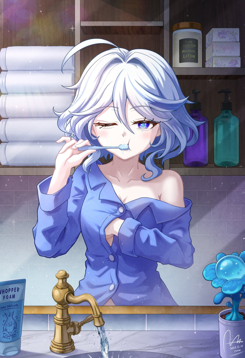 1girl :t alternate_costume blue_eyes blue_hair blue_pajamas blush breasts dasoin furina_(genshin_impact) genshin_impact highres holding holding_toothbrush medium_breasts midriff multicolored_hair off_shoulder one_eye_closed pajamas plant short_hair solo symbol-shaped_pupils toothbrush water white_hair