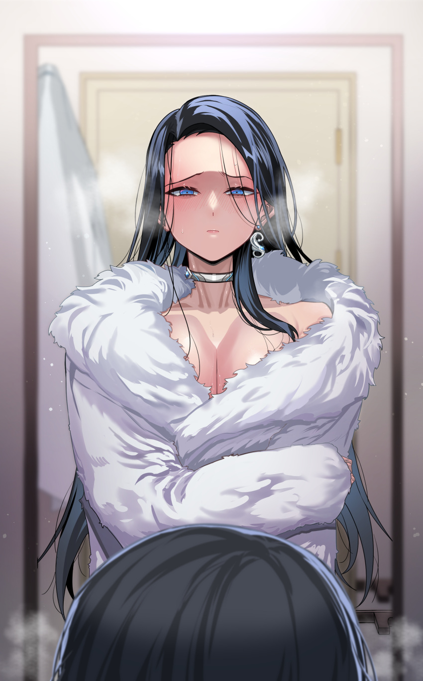 1girl absurdres black_hair breasts breath choker cleavage coat forehead fur_coat highres holding_own_arm indoors invincible_dragon_(last_origin) large_breasts last_origin long_hair mirror naked_coat reflection rhlatm very_long_hair white_choker white_coat