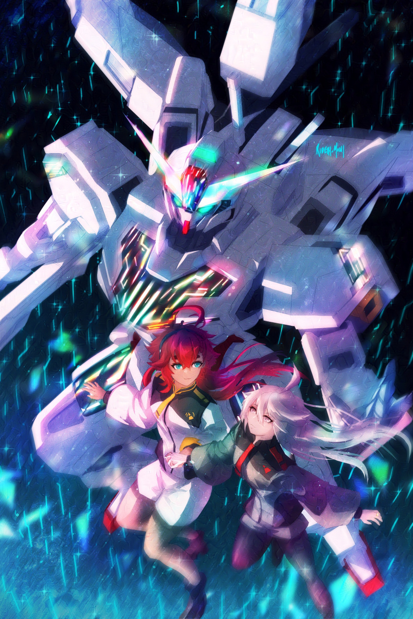 2girls absurdres asticassia_school_uniform beam_cannon black_hairband energy_cannon english_commentary glowing glowing_eyes green_eyes grey_eyes gundam gundam_calibarn gundam_suisei_no_majo hairband highres holding_cannon holding_hands mecha miorine_rembran mobile_suit multiple_girls red_hair rideth_mochi robot school_uniform science_fiction signature smile suletta_mercury thick_eyebrows thrusters v-fin white_hair yuri