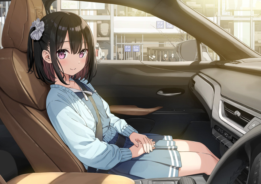 1girl 5_nenme_no_houkago 6+boys black_eyes black_hair blue_cardigan blush building car car_interior cardigan closed_mouth commentary_request double-parted_bangs faceless faceless_male grey_skirt grey_sweater hair_between_eyes hair_ornament hair_scrunchie highres kantoku long_sleeves looking_at_viewer motor_vehicle multiple_boys on_vehicle one_side_up pleated_skirt puffy_long_sleeves puffy_sleeves scrunchie seatbelt shizuku_(kantoku) short_hair skirt smile solo solo_focus steering_wheel sweater white_scrunchie