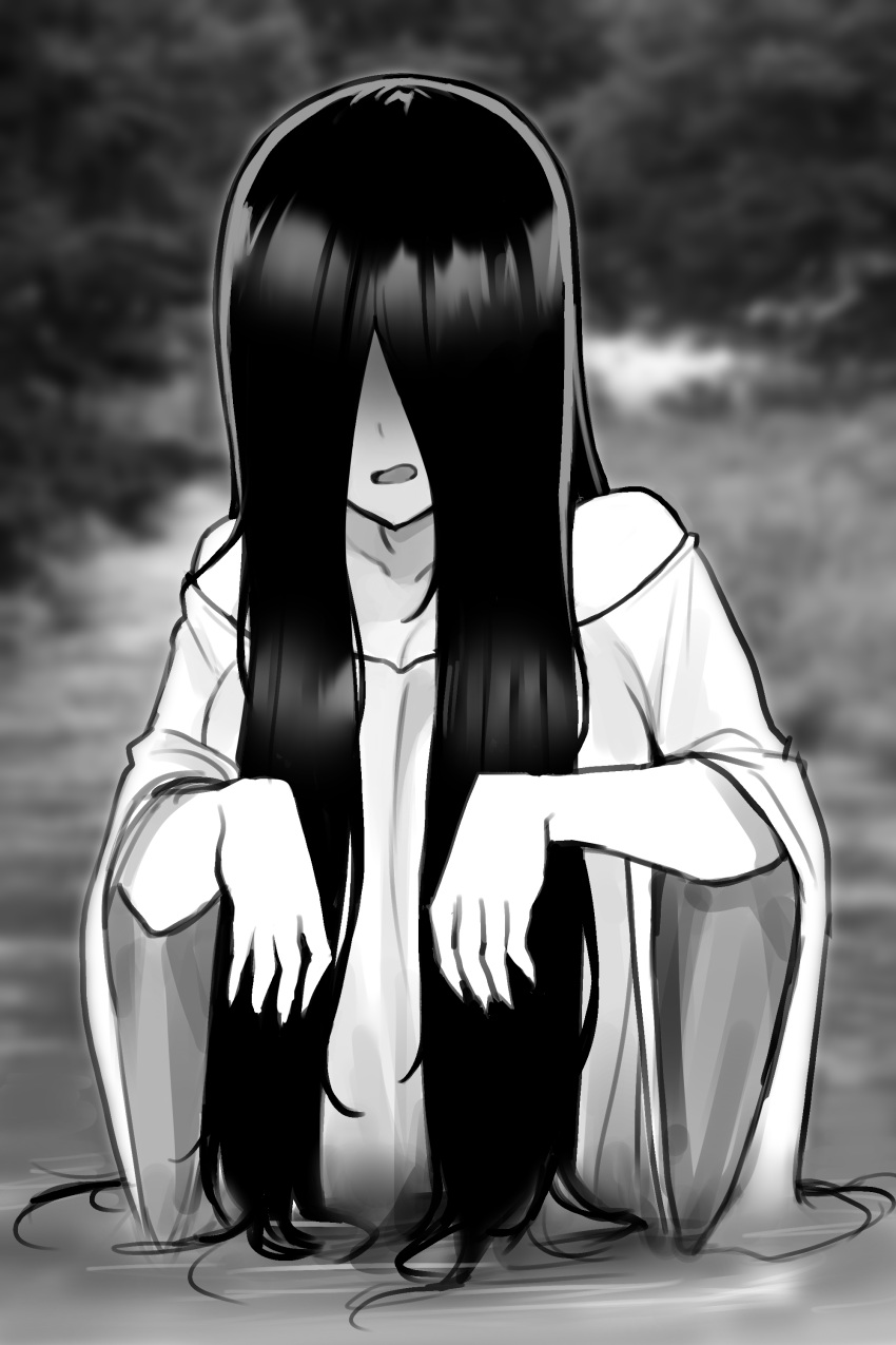 1girl absurdres bare_shoulders breasts dress greyscale hair_over_eyes hair_over_face highres jorin large_breasts long_hair long_sleeves monochrome open_mouth partially_submerged the_ring very_long_hair wading water wide_sleeves yamamura_sadako