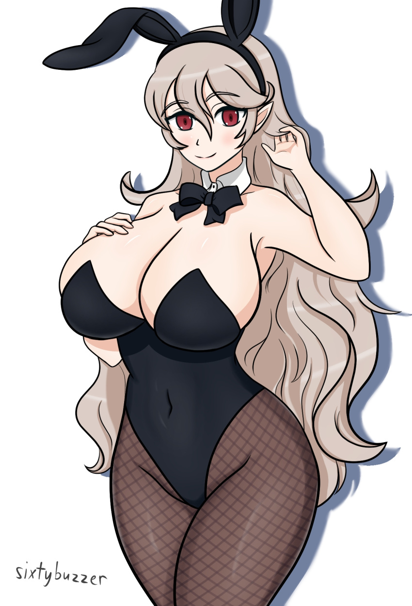 1girl animal_ears black_bow black_bowtie bow bowtie breasts cleavage closed_mouth corrin_(female)_(fire_emblem) corrin_(fire_emblem) covered_navel fire_emblem fire_emblem_fates hand_in_own_hair hand_on_own_chest highres large_breasts long_hair looking_at_viewer navel rabbit_ears red_eyes sixtybuzzer smile thick_thighs thighhighs thighs very_long_hair wavy_hair white_background