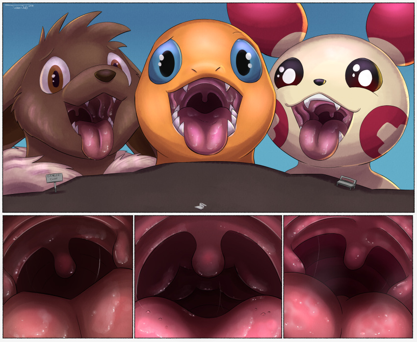 2020 ambiguous_gender bench bodily_fluids charmander eevee english_text gaping_mouth generation_1_pokemon generation_3_pokemon group hi_res inside_mouth looking_at_viewer macro mouth_shot nintendo open_mouth plusle pokemon pokemon_(species) saliva saliva_on_tongue saliva_string suddendraft text tongue tongue_out trio uvula warning_sign