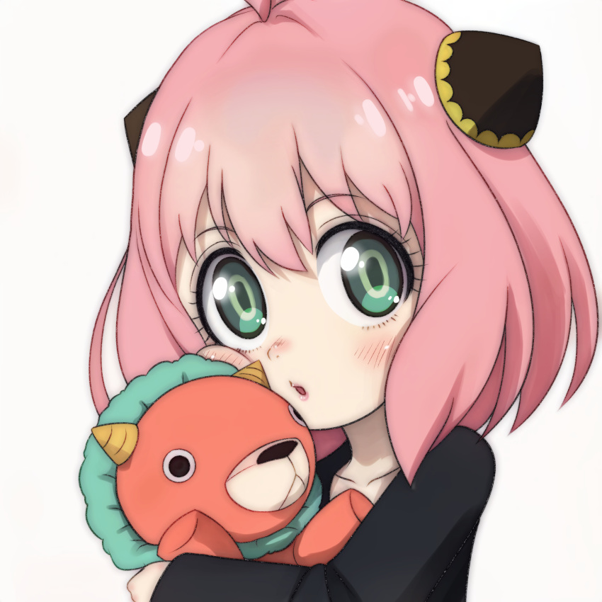 1girl :o anya_(spy_x_family) black_dress chimera director_chimera_(spy_x_family) dress green_eyes hairpods highres holding holding_stuffed_toy light_blush looking_at_viewer medium_hair open_mouth pink_hair solo spy_x_family stuffed_animal stuffed_toy t_jiroo_(ringofriend)