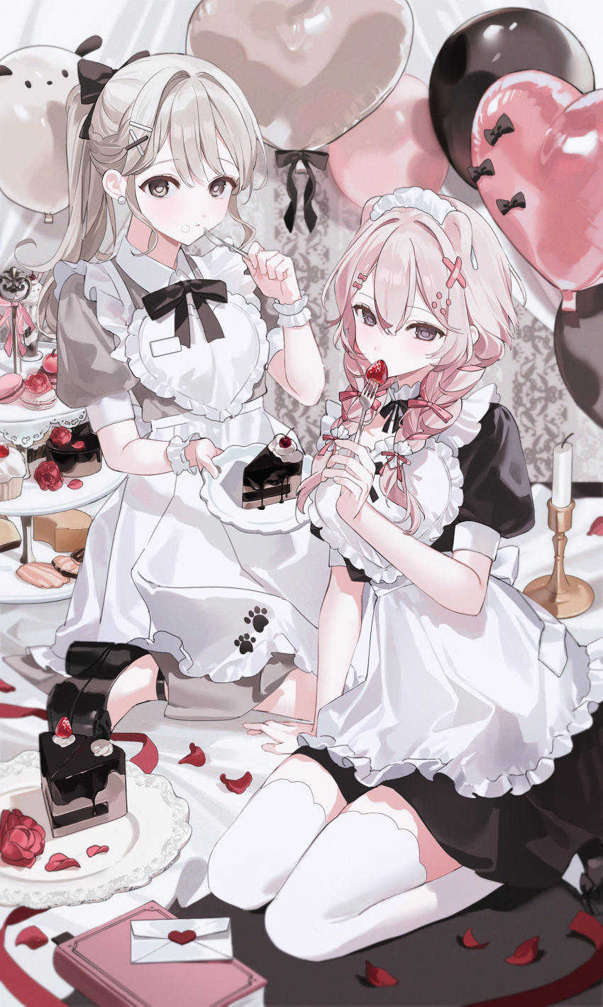 2girls absurdres apron balloon black_bow black_dress black_footwear bow breasts brown_eyes dress flower food frilled_apron frills grey_eyes grey_hair guma_(teddybear_oxo) hair_between_eyes heart_balloon highres kneeling long_hair maid maid_apron maid_headdress mouth_hold multiple_girls original petals pink_flower pink_rose puffy_short_sleeves puffy_sleeves red_flower red_rose rose rose_petals shoes short_sleeves sitting thighhighs twintails very_long_hair waist_apron wariza white_apron white_thighhighs