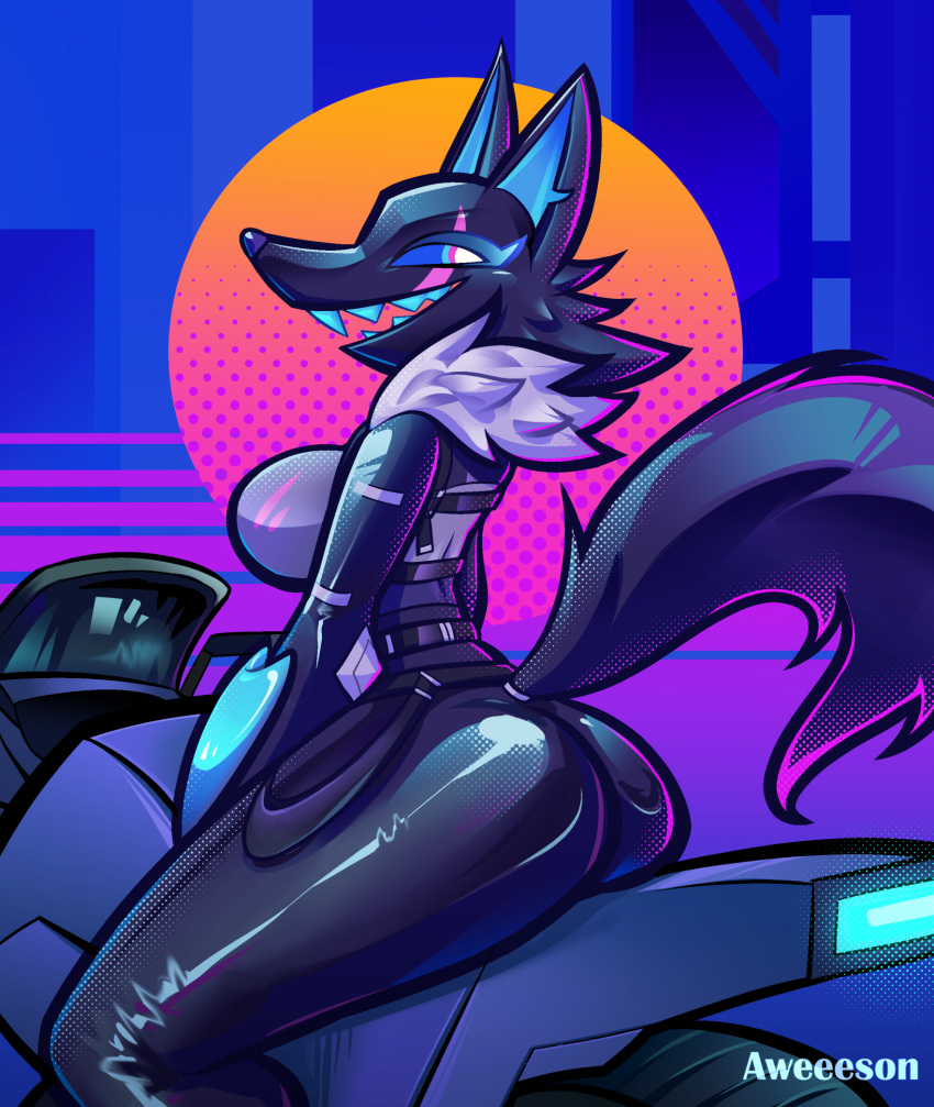 80's_theme anthro aweeeson big_breasts big_butt bodysuit breasts butt canid canine canis clothed clothing epic_games female fortnite fully_clothed fur_trim_(clothing) hi_res mammal motorcycle pack_leader_highwire sharp_teeth side_view skinsuit small_waist smile solo teeth text tight_clothing vehicle wolf
