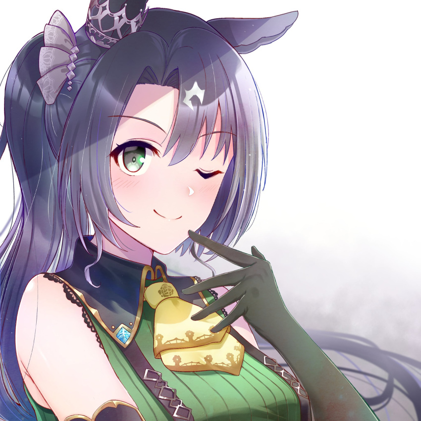 1girl abish black_hair blush closed_mouth commentary_request detached_sleeves gloves green_eyes hair_ornament highres horse_girl horse_tail long_hair looking_at_viewer one_eye_closed portrait satono_crown_(umamusume) side_ponytail smile solo tail umamusume white_background