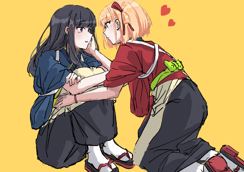 2girls absurdres black_hair blonde_hair blue_kimono blush bob_cut commentary crying english_commentary eye_contact fafayu hair_ribbon hand_on_another's_cheek hand_on_another's_face heart highres hugging_own_legs inoue_takina japanese_clothes kimono long_hair looking_at_another lycoris_recoil multiple_girls nishikigi_chisato one_side_up open_mouth purple_eyes red_bracelet red_eyes red_kimono red_ribbon ribbon short_hair sidelocks simple_background sitting socks white_socks yellow_background yuri