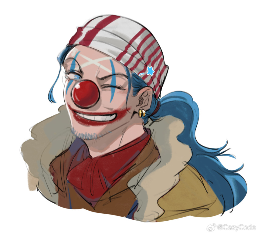 1boy blue_hair buggy_the_clown clown_nose cropped_torso earrings goatee_stubble grin highres jewelry long_hair looking_at_viewer makeup male_focus mcbuckwheat one_eye_closed one_piece one_piece_(live_action) red_nose smile solo unfinished v-shaped_eyebrows