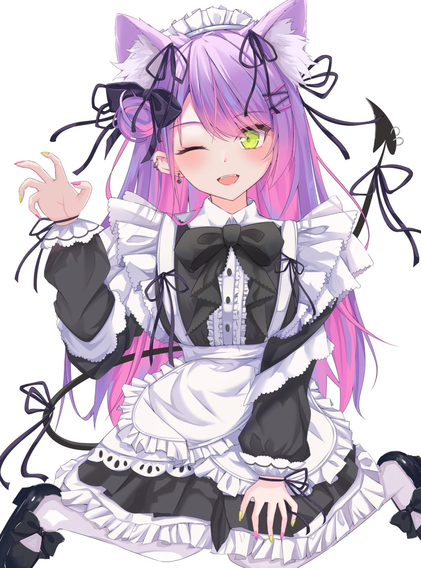 1girl ;d alternate_costume animal_ear_fluff animal_ears apron black_ribbon black_shirt black_skirt blush bow cat_ears center_frills claw_pose colored_inner_hair commentary_request demon_tail ear_piercing earrings enmaided footwear_bow frilled_apron frills gradient_hair green_eyes hair_bun hair_ornament hair_ribbon hairclip heart heart_earrings high_heels highres hololive jewelry long_hair long_sleeves looking_at_viewer maid maid_apron maid_headdress mary_janes multicolored_hair multicolored_nails mumei_(mumeillust1123) nail_polish official_alternate_hairstyle one_eye_closed pantyhose petticoat piercing pink_hair pink_nails purple_hair ribbon shirt shoes single_side_bun sitting skirt smile solo swept_bangs tail tail_ornament tail_piercing tokoyami_towa virtual_youtuber waist_apron wariza white_apron white_background white_pantyhose yellow_nails