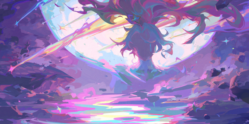 akali asymmetrical_hair dreamway falling_star fire flame glowing highres landscape league_of_legends light moon moonlight outdoors ponytail rock sky spirit star_(symbol) star_guardian_(league_of_legends) star_guardian_akali water