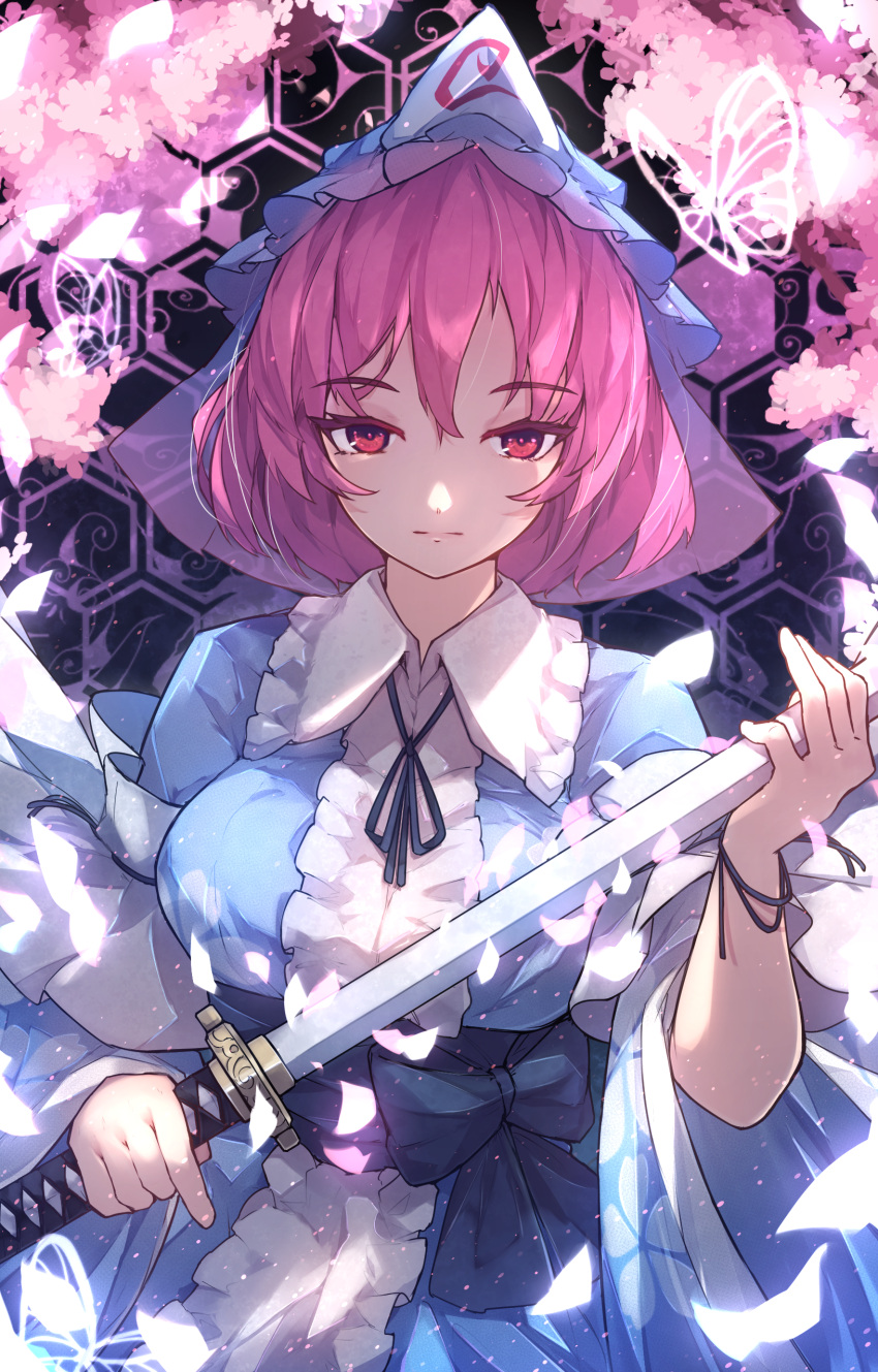 1girl absurdres blue_headwear blue_kimono breasts chiroru_(cheese-roll) closed_mouth frilled_kimono frills hair_between_eyes hat highres holding holding_sword holding_weapon japanese_clothes katana kimono large_breasts long_sleeves mob_cap petals pink_eyes pink_hair saigyouji_yuyuko serious short_hair solo sword touhou triangular_headpiece weapon wide_sleeves