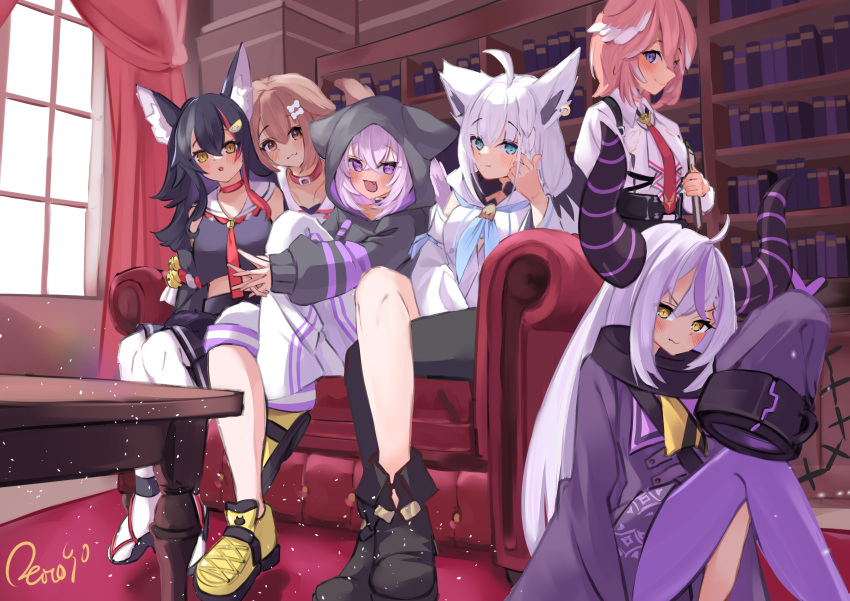 5girls absurdres ahoge animal_ears aqua_eyes black_footwear black_hair black_shirt black_shorts black_skirt blush bone_hair_ornament bookshelf braid breasts brown_hair cat_ears cat_girl choker closed_mouth coat coat_dress collar collared_shirt detached_sleeves dog_ears dog_girl dress fang feet_out_of_frame fox_ears fox_girl grey_shorts hair_ornament hairpin head_wings high_heels highres hololive hood hood_up hoodie inugami_korone inugami_korone_(1st_costume) la+_darknesss la+_darknesss_(1st_costume) long_hair looking_at_viewer medium_breasts multicolored_hair multiple_girls necktie on_chair ookami_mio ookami_mio_(1st_costume) open_mouth pantyhose pink_hair purple_coat purple_eyes purple_hair purple_hoodie purple_pantyhose red_choker red_collar red_curtains red_hair red_necktie reitou_mkn shirakami_fubuki shirakami_fubuki_(1st_costume) shirt shoes short_hair shorts single_braid single_leg_pantyhose single_thighhigh skin_fang skirt sleeves_past_fingers sleeves_past_wrists smile streaked_hair takane_lui takane_lui_(1st_costume) thighhighs very_long_hair virtual_youtuber white_dress white_hair white_hoodie white_shirt white_sleeves white_thighhighs wings wolf_ears wolf_girl yellow_eyes yellow_footwear