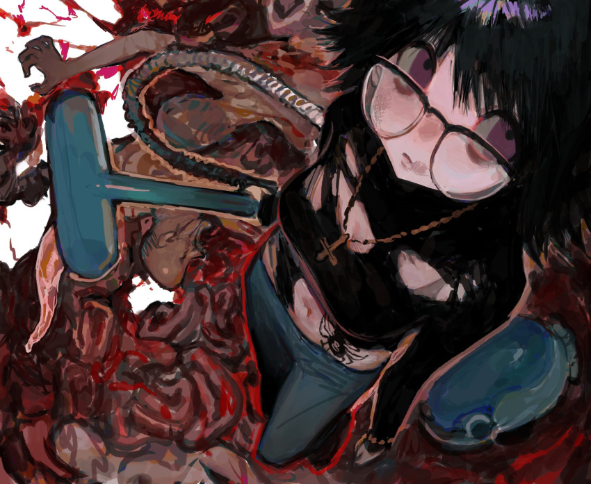 1girl black-framed_eyewear black_hair black_sweater blood bug cross cross_necklace death denim from_above glasses guro highres hunter_x_hunter intestines inverted_cross jeans jewelry long_sleeves looking_at_viewer necklace nen_(hunter_x_hunter) organs pants purple_eyes shizuku_murasaki short_hair solo spider spider_tattoo stomach_tattoo sweater tattoo torn_clothes torn_sweater vacuum_cleaner vapor_np