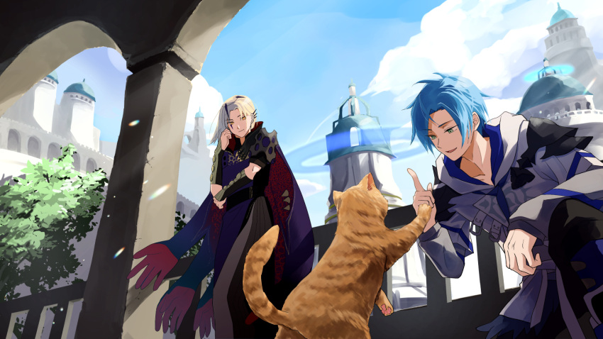 2boys animal arm_on_knee armor blonde_hair blue_hair blue_sky cat city cloud extra_arms green_eyes hand_on_own_cheek hand_on_own_face holostars holostars_english magni_dezmond mole multicolored_hair multiple_boys regis_altare shoulder_armor shu_main sky tree two-tone_hair yellow_eyes