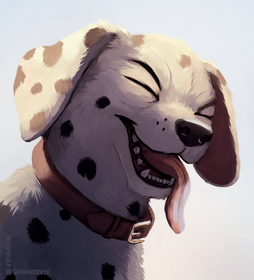 ambiguous_gender black_nose black_spots canid canine canis collar dalmatian digital_media_(artwork) digital_painting_(artwork) domestic_dog english_text eyes_closed fangs feral floppy_ears fur headshot_portrait hi_res mammal open_mouth pink_tongue portrait red_tongue signature simple_background smile solo spots spotted_body spotted_fur teeth text tongue tongue_out werewolfdegenerate white_background white_body white_fur