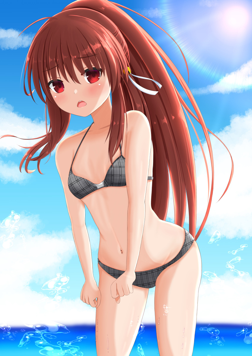 1girl absurdres ahoge backlighting bell bikini bikini_under_clothes black_bikini blue_sky blush breasts brown_hair coffeem55 commentary_request cowboy_shot d: day eyes_visible_through_hair frown groin hair_bell hair_between_eyes hair_ornament hair_ribbon highres hot jingle_bell little_busters! long_hair looking_at_viewer natsume_rin navel open_mouth outdoors plaid plaid_bikini ponytail rainbow red_eyes ribbon short_sleeves sidelocks sky small_breasts solo standing summer sun swimsuit teeth upper_teeth_only very_long_hair water_drop white_ribbon