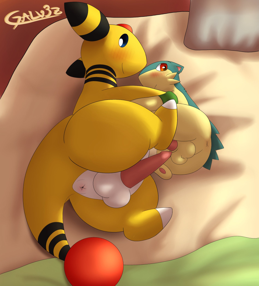 2020 ampharos anus arm_grab armband ball_tuft balls bed bed_sheet bedding blanket blush cheek_tuft digital_media_(artwork) duo erection facial_tuft facing_each_other feral forehead_gem fur furniture galv3z_(artist) galvez_(galv3z) generation_2_pokemon genitals green_armband hi_res horn looking_at_viewer lying male male/male mammal markings multicolored_body nintendo on_bed on_side pawpads penis pillow pink_penis pokemon pokemon_(species) quilava rear_view signature smile smiling_at_viewer striped_horn striped_markings striped_neck striped_tail stripes tail tail_gem tail_markings thick_thighs tuft two_tone_body white_anus white_balls white_body yellow_body
