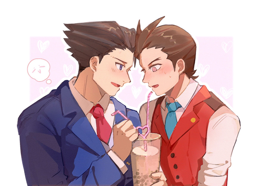 2boys @_@ ace_attorney antenna_hair apollo_justice aqua_necktie black_hair blue_eyes blue_jacket blush border brown_eyes brown_hair bubble_tea collared_shirt crazy_straw cup drinking_straw forehead-to-forehead heads_together heart heart_straw highres holding holding_cup jacket lapel_pin lapels layered_sleeves long_sleeves multiple_boys necktie open_mouth outside_border phoenix_wright pink_necktie red_vest shirt short_hair shoulder-to-shoulder spiked_hair suit_jacket thought_bubble upper_body vest white_border white_shirt yaoi zghwbyl