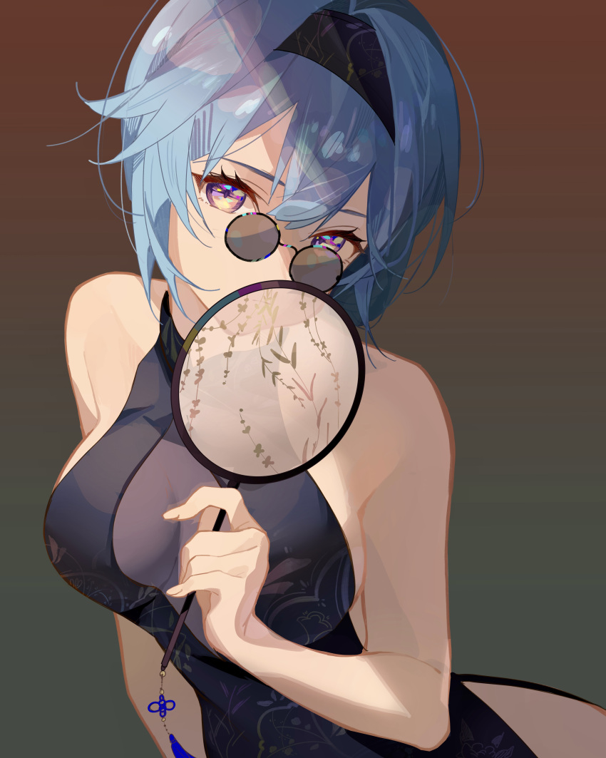 1girl absurdres alternate_costume bare_shoulders black-framed_eyewear black_dress black_hairband blue_hair breasts china_dress chinese_clothes cleavage_cutout clothing_cutout collared_dress covering_mouth dress eula_(genshin_impact) genshin_impact hair_between_eyes hairband hand_fan highres holding holding_fan looking_at_viewer medium_hair multicolored_eyes oriori_0201 petal_print pince-nez see-through_cleavage sideboob sleeveless sleeveless_dress solo sunglasses tassel unkempt