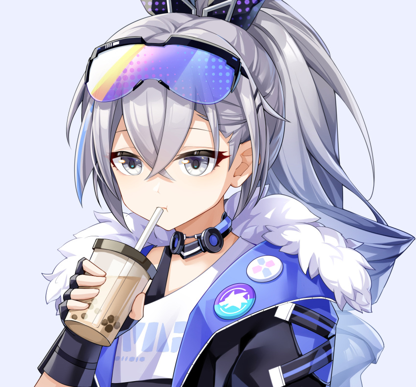 1girl :t absurdres black_jacket bra_strap bubble_tea choker commentary_request cup drinking drinking_straw eyewear_on_head grey_eyes grey_hair hair_between_eyes hamilundenongdizhe highres holding holding_cup honkai:_star_rail honkai_(series) jacket long_hair ponytail shirt silver_wolf_(honkai:_star_rail) solo sunglasses upper_body white_shirt