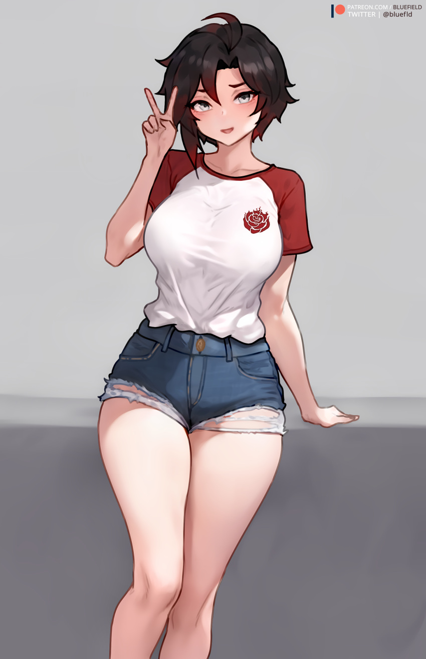 1girl ahoge alternate_costume artist_name bare_legs black_hair bluefield breasts casual collarbone colored_tips curvy cutoffs denim denim_shorts feet_out_of_frame grey_eyes head_tilt highres large_breasts leaning_back multicolored_hair open_mouth patreon_logo patreon_username raglan_sleeves red_hair ruby_rose rwby shirt_tucked_in short_hair short_shorts short_sleeves shorts simple_background smile solo twitter_username v web_address wide_hips