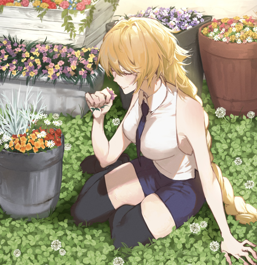 1girl arm_support bare_shoulders black_thighhighs blonde_hair braid closed_eyes closed_mouth clover collared_shirt commentary fate/apocrypha fate/grand_order fate_(series) field flower full_body hand_up highres holding holding_flower jeanne_d'arc_(fate) jeanne_d'arc_(girl_from_orleans)_(fate) leaf light_blush long_braid long_hair necktie orange_flower pink_flower plant potted_plant purple_flower purple_necktie purple_shorts red_flower shirt shorts single_braid sitting sleeveless sleeveless_shirt solo thighhighs white_flower white_shirt yellow_flower zettai_ryouiki zuraa_(naunau_seijin)