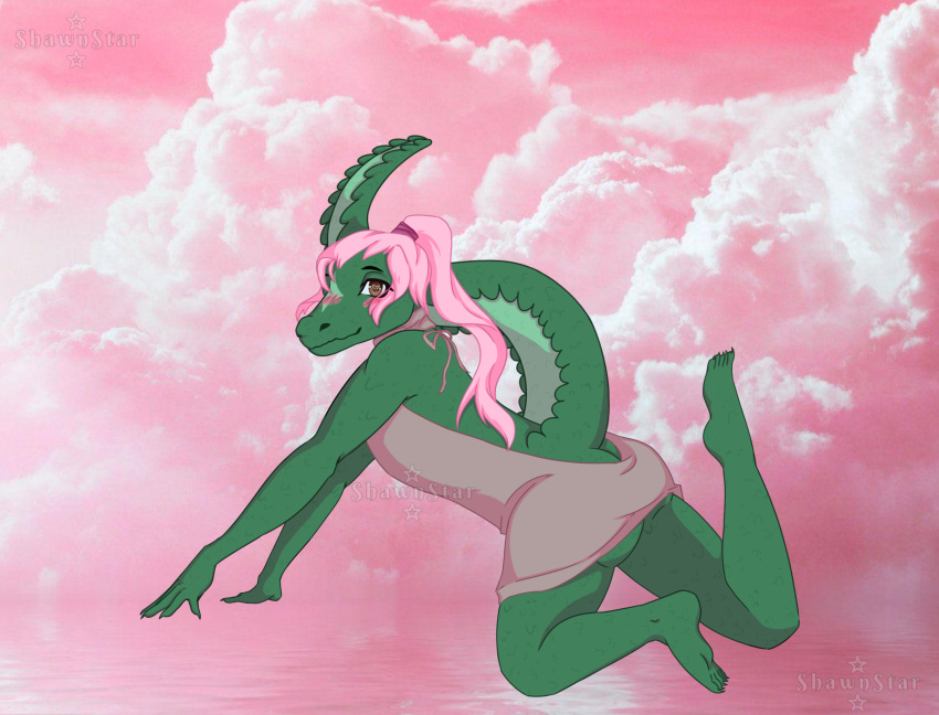 alligator alligatorid andromorph anthro blush brown_eye butt butt_shot claws clothed clothing crocodilian digital_media_(artwork) embarrassed feet green_body hair heterochromia hi_res intersex looking_at_viewer meme meme_clothing pink_background pink_hair ponytail reptile scalie shaded shawnstar simple_background smile solo_focus sweater tail toe_claws toes topwear virgin_killer_sweater