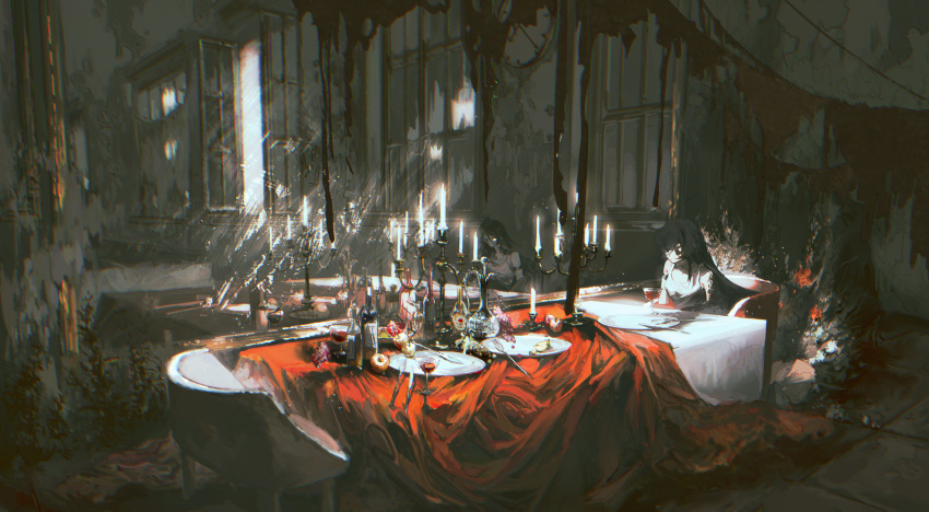 2girls absurdres alcohol armlet black_hair bottle candelabra candle candlestand clock damaged dead_plants food fork fruit glass grapes highres long_hair mismatched_pupils multiple_girls original pillar plate scenery shine sliced sunlight tablecloth wine yukinoneko