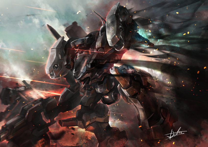 armored_core armored_core_6 battle debris embers firing full_body gun highres holding holding_gun holding_weapon hukutuuprunes machine_gun mecha mecha_focus no_humans outdoors robot science_fiction signature smoke_trail thrusters weapon