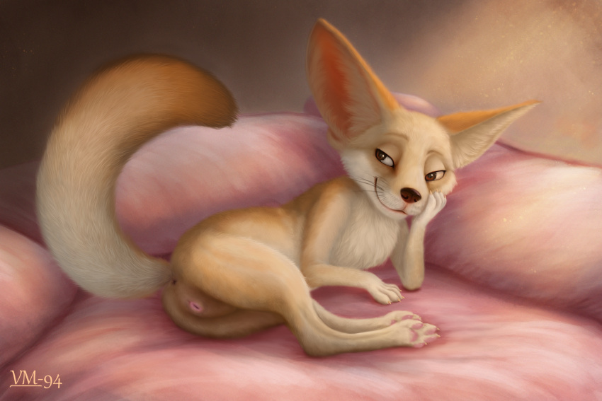 2023 absurd_res anatomically_correct anatomically_correct_genitalia anatomically_correct_pussy animal_genitalia animal_pussy anus barely_visible_anus bedroom_eyes big_ears butt canid canine digital_media_(artwork) digital_painting_(artwork) digitigrade female fennec feral fox fur genitals half-closed_eyes hi_res huge_filesize inner_ear_fluff inviting looking_back lying mammal narrowed_eyes on_side paws presenting presenting_hindquarters presenting_pussy pussy raised_tail seductive shaded smile soft_shading solo tail tan_body tan_fur tuft vm94 white_body white_fur