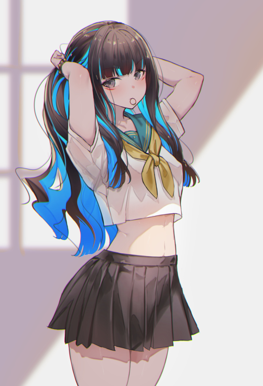 1girl absurdres arms_behind_head arms_up black_hair black_skirt blue_hair breasts colored_inner_hair crop_top fate/grand_order fate_(series) green_sailor_collar grey_eyes highres long_hair looking_at_viewer miniskirt mouth_hold multicolored_hair navel neckerchief pleated_skirt sailor_collar shirt short_sleeves sidelocks skirt small_breasts solo tenochtitlan_(fate) thighs tying_hair ura_illust white_shirt yellow_neckerchief