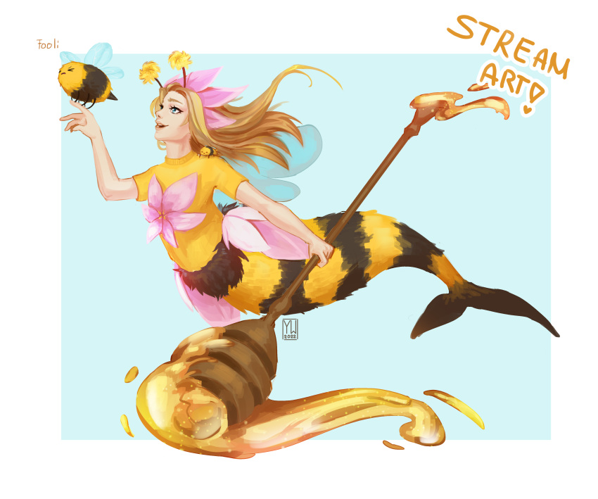 absurd_res arthropod bee clothing delusional_(artist) female flower food hi_res honey_(food) honey_dipper humanoid hymenopteran insect league_of_legends marine merfolk nami_(lol) plant riot_games shirt simple_background solo split_form stripes topwear yellow_clothing yellow_shirt yellow_topwear
