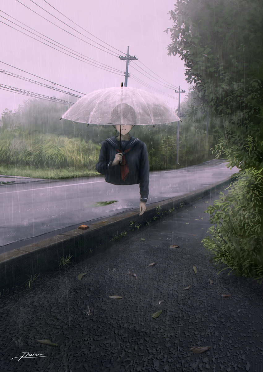 1girl blue_sailor_collar blue_serafuku blue_sleeves brown_hair closed_mouth commentary floating_torso fracoco highres holding holding_umbrella long_sleeves looking_at_viewer neckerchief original outdoors plant power_lines rain red_neckerchief road sailor_collar school_uniform serafuku short_hair solo tree umbrella utility_pole