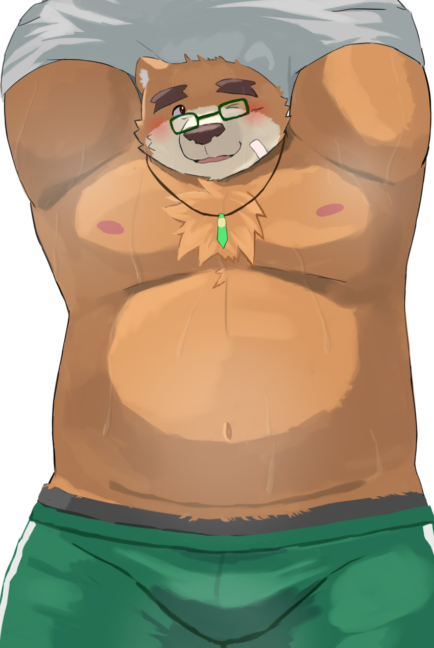 2023 9dtq0 absurd_res anthro bear blush bodily_fluids brown_body clothing hi_res kemono lifewonders male mammal musk one_eye_closed overweight overweight_male solo sweat tokyo_afterschool_summoners underwear undressing volos wink