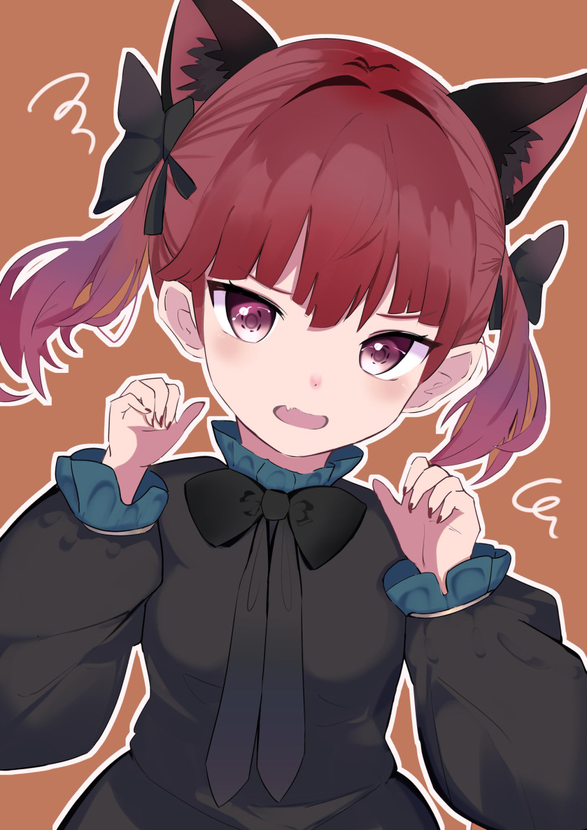1girl alternate_hairstyle animal_ear_fluff animal_ears black_bow black_bowtie bow bowtie breasts brown_background cat_ears commentary dress extra_ears fang grey_dress hair_intakes hands_up highres kaenbyou_rin kyuu_cat light_blush long_sleeves looking_at_viewer medium_hair nail_polish open_mouth outline puffy_long_sleeves puffy_sleeves purple_eyes red_hair red_nails simple_background skin_fang small_breasts solo squiggle touhou twintails upper_body white_outline