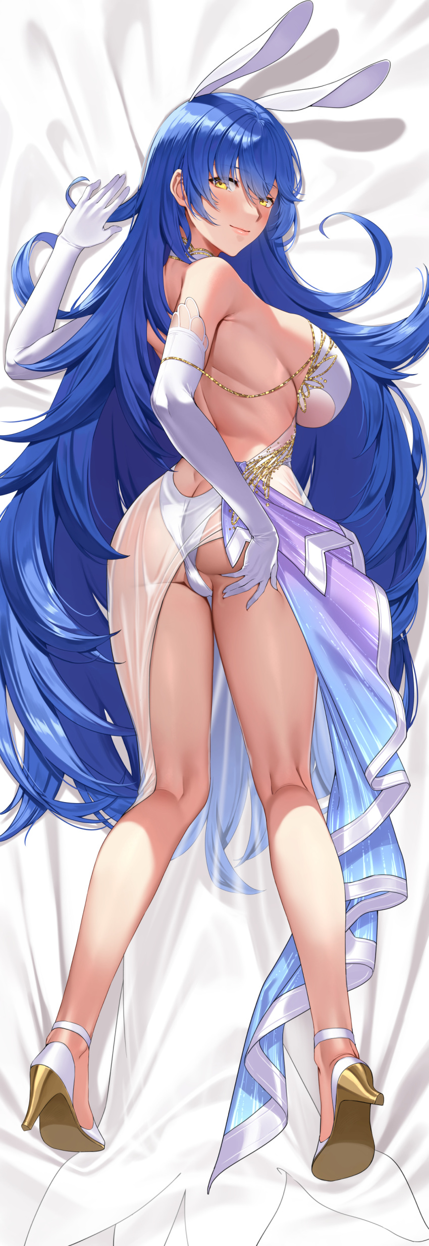 1girl absurdres animal_ears ass bare_shoulders blue_hair blush breasts commission dakimakura_(medium) deras dress elbow_gloves fake_animal_ears girls'_frontline gloves hair_between_eyes high_heels highres huge_breasts long_hair looking_at_viewer lying on_stomach panties pixiv_commission rabbit_ears see-through see-through_dress solo tar-21_(girls'_frontline) underwear very_long_hair wedding_dress white_gloves white_panties yellow_eyes