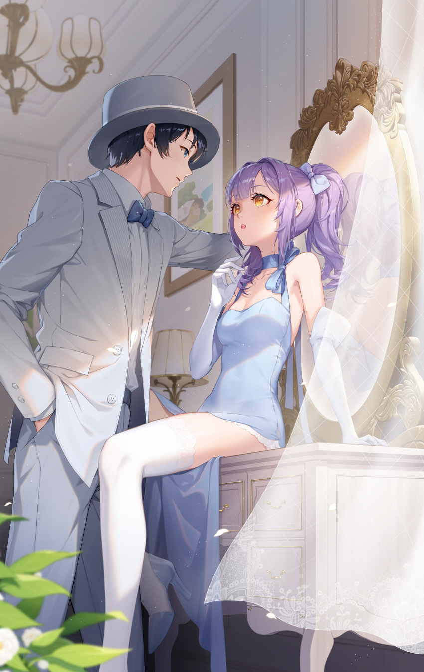 1boy 1girl absurdres bare_shoulders bedroom black_hair blue_dress blue_eyes breasts chest_of_drawers cleavage_cutout clothing_cutout collared_shirt couple crazy_ones dress elbow_gloves formal gloves grey_jacket grey_shirt highres jacket lamp medium_breasts mirror official_art picture_frame protagonist_(crazy_ones) qianye_zhizi shirt short_dress sitting sleeveless sleeveless_dress suit suit_jacket thighhighs white_gloves white_thighhighs yellow_eyes