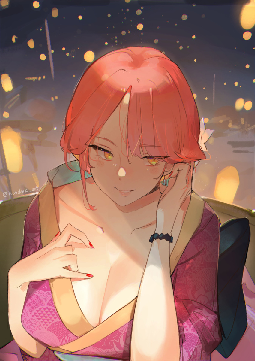 1girl absurdres adjusting_hair bracelet breasts cleavage earrings hair_tucking highres japanese_clothes jewelry kimono large_breasts light_blush lucadark_art night original parted_lips pink_hair pink_kimono print_kimono red_nails short_hair smile solo teeth twitter_username yellow_eyes yukata