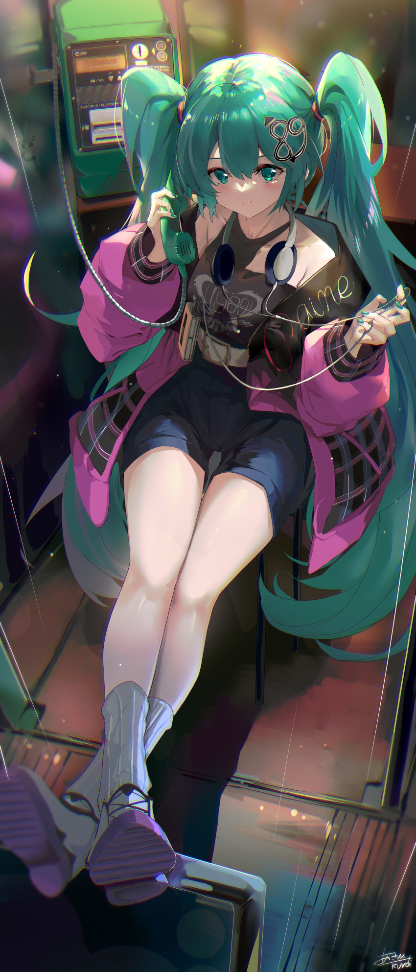 1girl absurdres asahi_kuroi bare_shoulders belt black_tank_top blue_eyes blue_hair blue_nails blue_shorts blush buckle cassette_player chair chromatic_aberration closed_mouth collarbone feet_up full_body hair_between_eyes hair_ornament hair_tie hatsune_miku headphones headphones_around_neck high-waist_shorts highres indoors jacket long_hair long_sleeves looking_at_viewer nail_polish open_clothes open_jacket payphone phone phone_booth pink_jacket plaid plaid_jacket print_tank_top shirt_tucked_in shoes shorts signature sitting sleeve_cuffs smile solo table tank_top torn_clothes torn_tank_top twintails very_long_hair vocaloid white_footwear