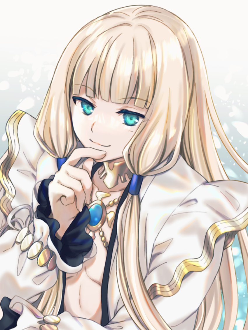 1boy aqua_eyes blonde_hair blush closed_mouth collarbone fate/grand_order fate_(series) hand_to_own_mouth hand_up highres long_hair long_sleeves looking_at_viewer male_focus noah_(fate) open_clothes open_shirt puffy_long_sleeves puffy_sleeves shirt sidelocks smile solo tachitsu_teto upper_body very_long_hair white_shirt