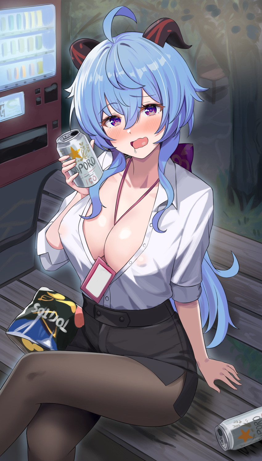 1girl absurdres ahoge alcohol alternate_costume bench between_breasts black_pantyhose black_skirt blue_hair blush brand_name_imitation breasts can chips_(food) crossed_legs drunk feet_out_of_frame food ganyu_(genshin_impact) genshin_impact gradient_eyes hair_between_eyes highres holding holding_can horns judynoboken lanyard large_breasts long_hair looking_at_viewer multicolored_eyes nipples office_lady on_bench outdoors pantyhose partially_unbuttoned potato_chips purple_eyes sake sapporo_beer see-through shirt sidelocks sitting sitting_on_bench skirt solo strap_between_breasts unbuttoned unbuttoned_shirt vending_machine wavy_mouth white_shirt