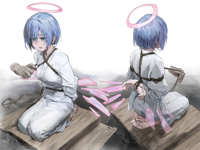 1girl a_tea arknights arms_behind_back bdsm blue_hair bondage bound breasts detached_wings disembodied_limb energy_wings full_body halo highres how_to japanese_clothes looking_at_viewer medium_breasts multiple_views seiza shibari short_hair sitting spuria_(arknights) wings yellow_eyes