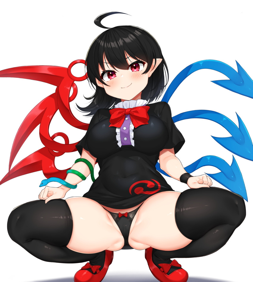 1girl ahoge ass asymmetrical_wings black_dress black_hair black_panties black_thighhighs blue_wings blush breasts center_frills closed_mouth daichi_(tokoya) dress frills full_body highres houjuu_nue large_breasts panties pointy_ears red_eyes red_footwear red_wings shoes short_hair short_sleeves simple_background smile solo squatting thighhighs touhou underwear white_background wings