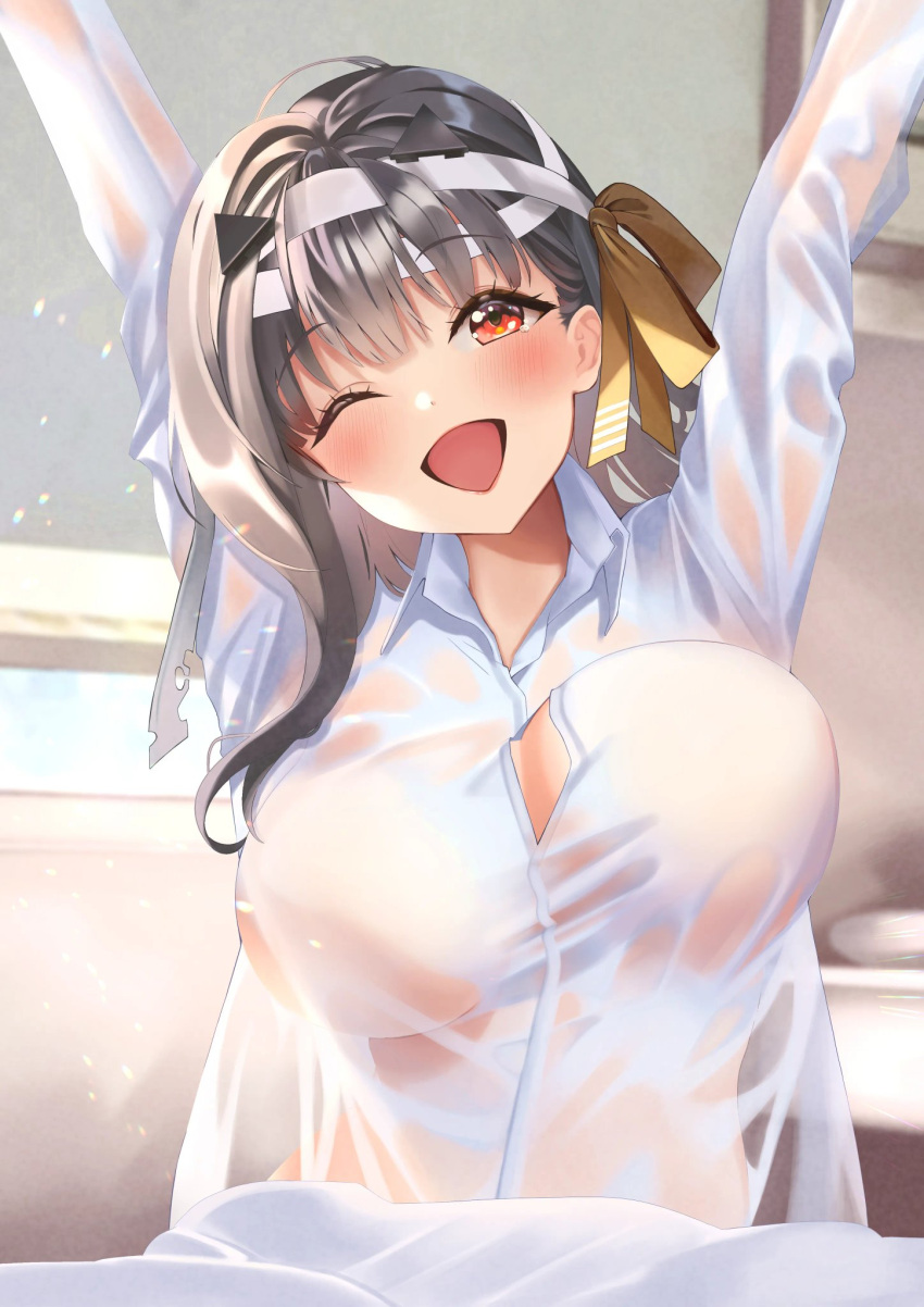 1girl aggietea arms_up blush breasts collared_shirt goddess_of_victory:_nikke grey_hair hair_between_eyes hairband highres large_breasts lips long_hair long_sleeves looking_at_viewer modernia_(first_affection)_(nikke) modernia_(nikke) official_alternate_costume one_eye_closed open_mouth red_eyes see-through see-through_shirt shirt smile solo white_shirt