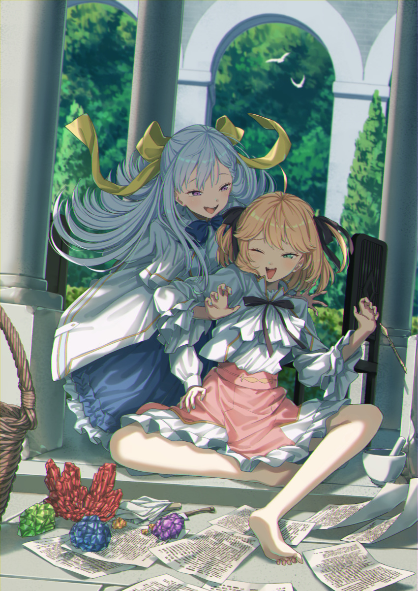 2girls :d absurdres ahoge anisphia_wynn_palettia arch architecture bird_wings black_ribbon blue_bow blue_bowtie blue_dress blue_hair blue_nails blush bow bowtie brown_hair column crossed_legs crystal dot_nose dress euphyllia_magenta frilled_dress frilled_skirt frills full_body gold_trim green_eyes hair_bow hair_ribbon hedge highres jacket long_hair long_sleeves looking_at_another mochi_(m0chi0000) mortar_(bowl) multiple_girls nail_polish neck_ribbon one_eye_closed open_clothes open_jacket open_mouth outdoors paper pillar pink_shirt puffy_sleeves purple_eyes ribbon shirt shirt_tucked_in sitting skirt sleeve_cuffs smile tensei_oujo_to_tensai_reijou_no_mahou_kakumei tree two_side_up white_jacket white_shirt wicker_basket wings yellow_bow