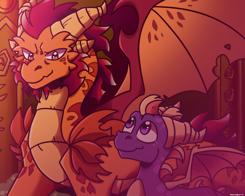 2022 absurd_res activision dragnoodlez dragon duo feral hi_res horn ignitus looking_at_another male membrane_(anatomy) membranous_wings orange_body orange_scales purple_body purple_eyes purple_scales quadruped scales scalie signature size_difference smile spyro spyro_the_dragon western_dragon wings