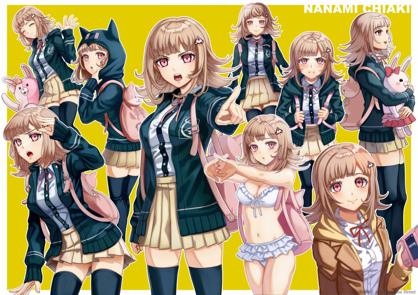 1girl absurdres animal_bag animal_ears backpack bag bikini black_jacket black_shirt black_thighhighs blush breasts brown_hair brown_jacket cat_bag character_name cleavage cowboy_shot danganronpa_(series) danganronpa_2:_goodbye_despair danganronpa_3_(anime) dress_shirt ear_bow fake_animal_ears flipped_hair frilled_bikini frills galaga hair_ornament handheld_game_console highres holding holding_handheld_game_console hood hood_up jacket kusatakesi large_breasts long_sleeves medium_hair miniskirt monomi_(danganronpa) nanami_chiaki navel official_alternate_costume open_clothes open_jacket orange_background pink_bag pleated_skirt pout shirt shirt_tucked_in skirt smile stomach swimsuit thighhighs white_bikini white_shirt zettai_ryouiki